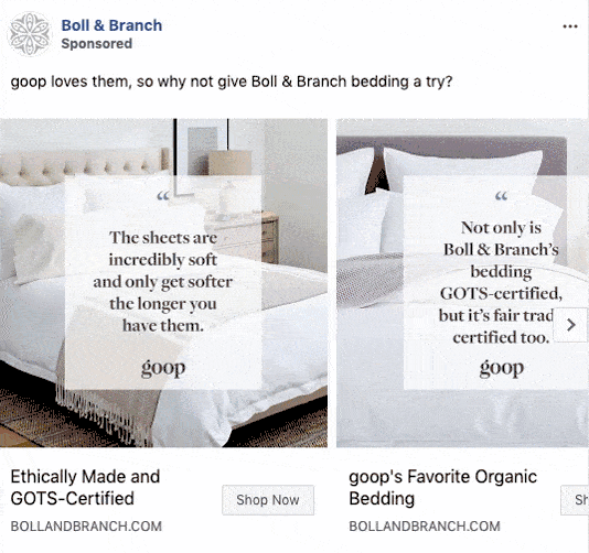 Boll & Branch Social Proof  Carousel Ad Example